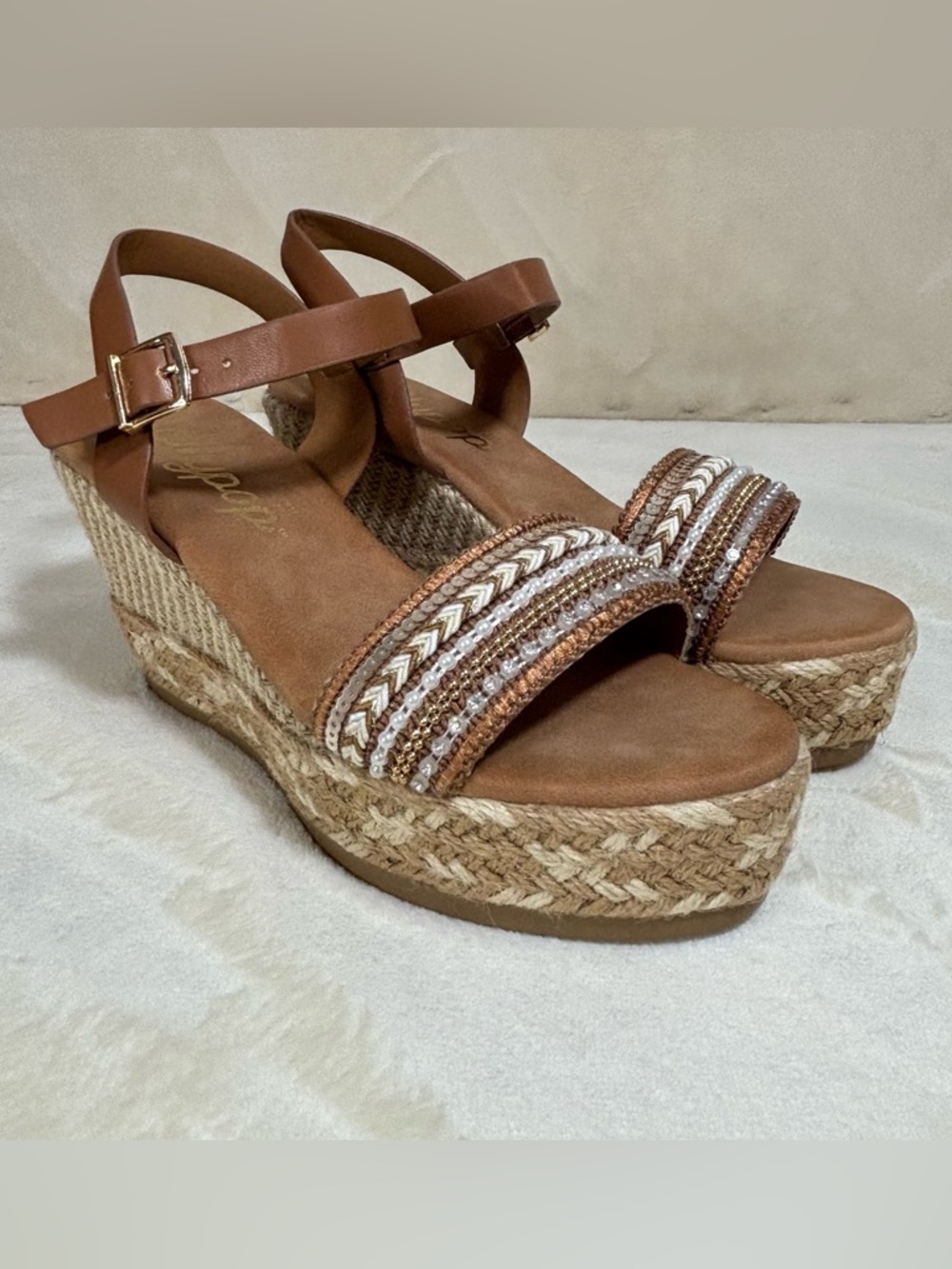Jellypop Suzanne Espadrille Wedge Sandals embellished with beads and sequins.